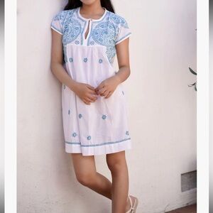 DOLMA White and Blue 100% Cotton Hand Embroidered Mini Dress